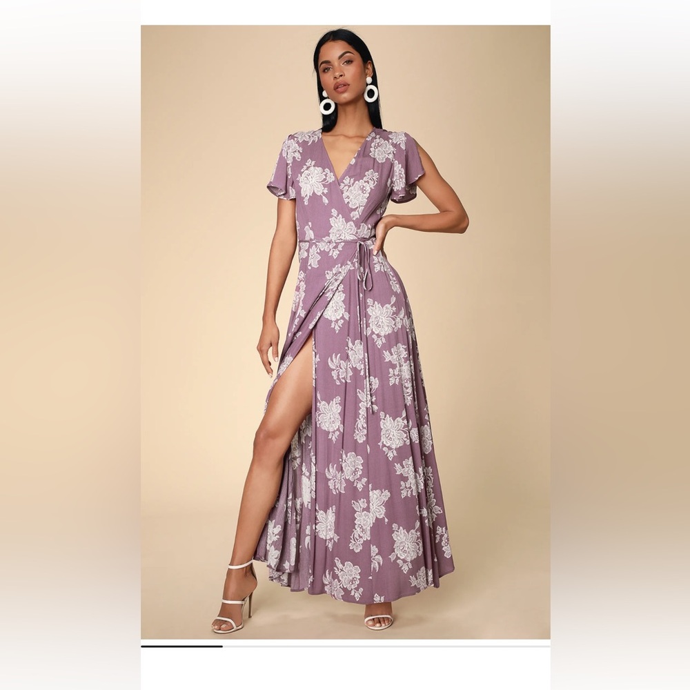 Lulu's Purple Mauve Floral Wrap Maxi Dress